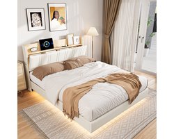 Tweepersoonsbed 140x200 met LED- en USB-aansluiting, lattenbodem, zwevend frame met lattenbodem en opbergruimte in het hoofdeinde, 2-persoonsbed voor volwassenen en tieners (PU Wit)