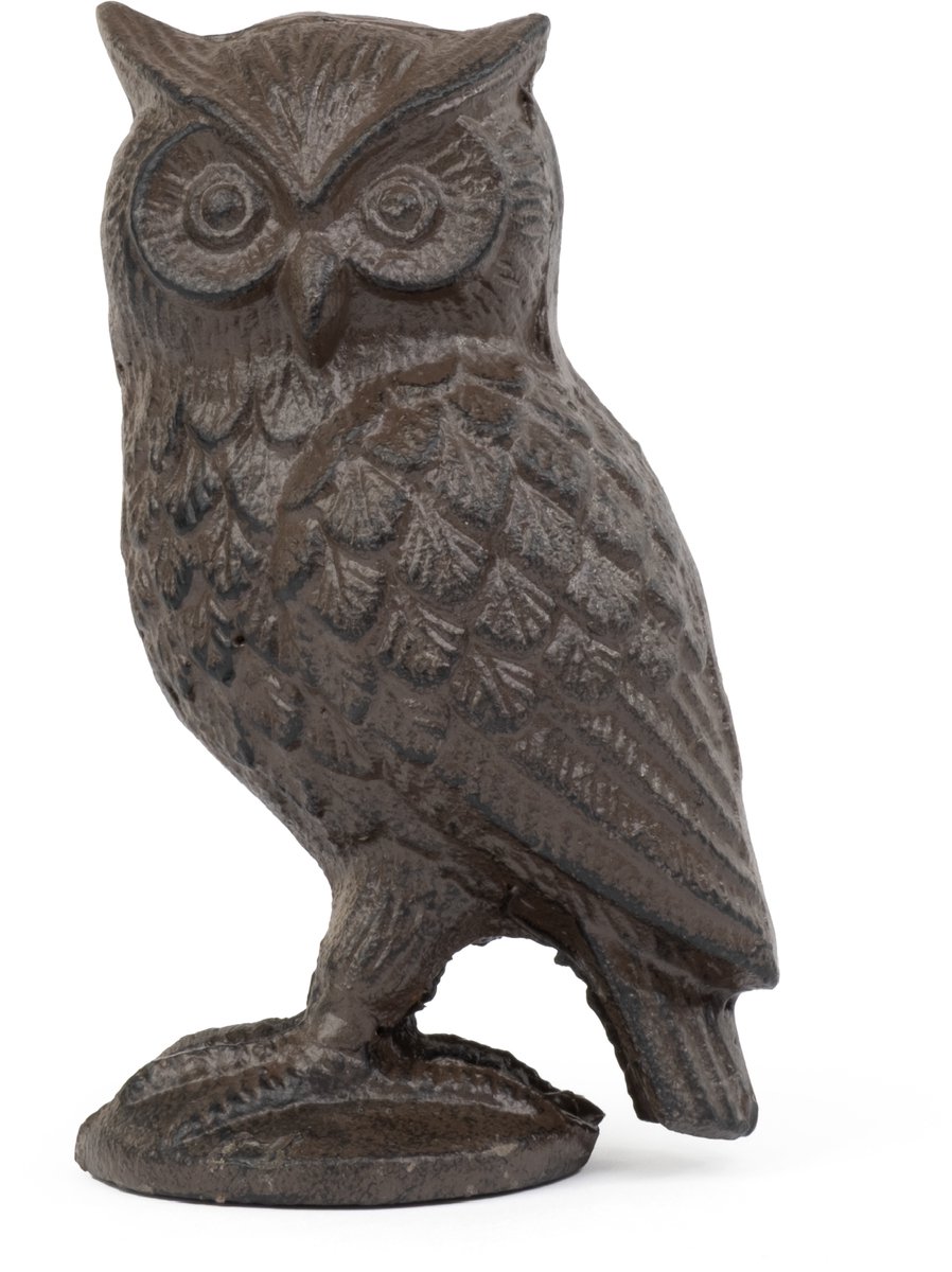Moritz Uilenbeeld met Oorpluimen – Gietijzer – 15 cm hoog – Antiek Bruin – Dierenbeeld op ronde voet – Fijn geschubd verenkleed – Geschikt voor binnen en buiten – Tuindecoratie voor border, terras en vensterbank – 1 kg – Zonder stroom of batterij
