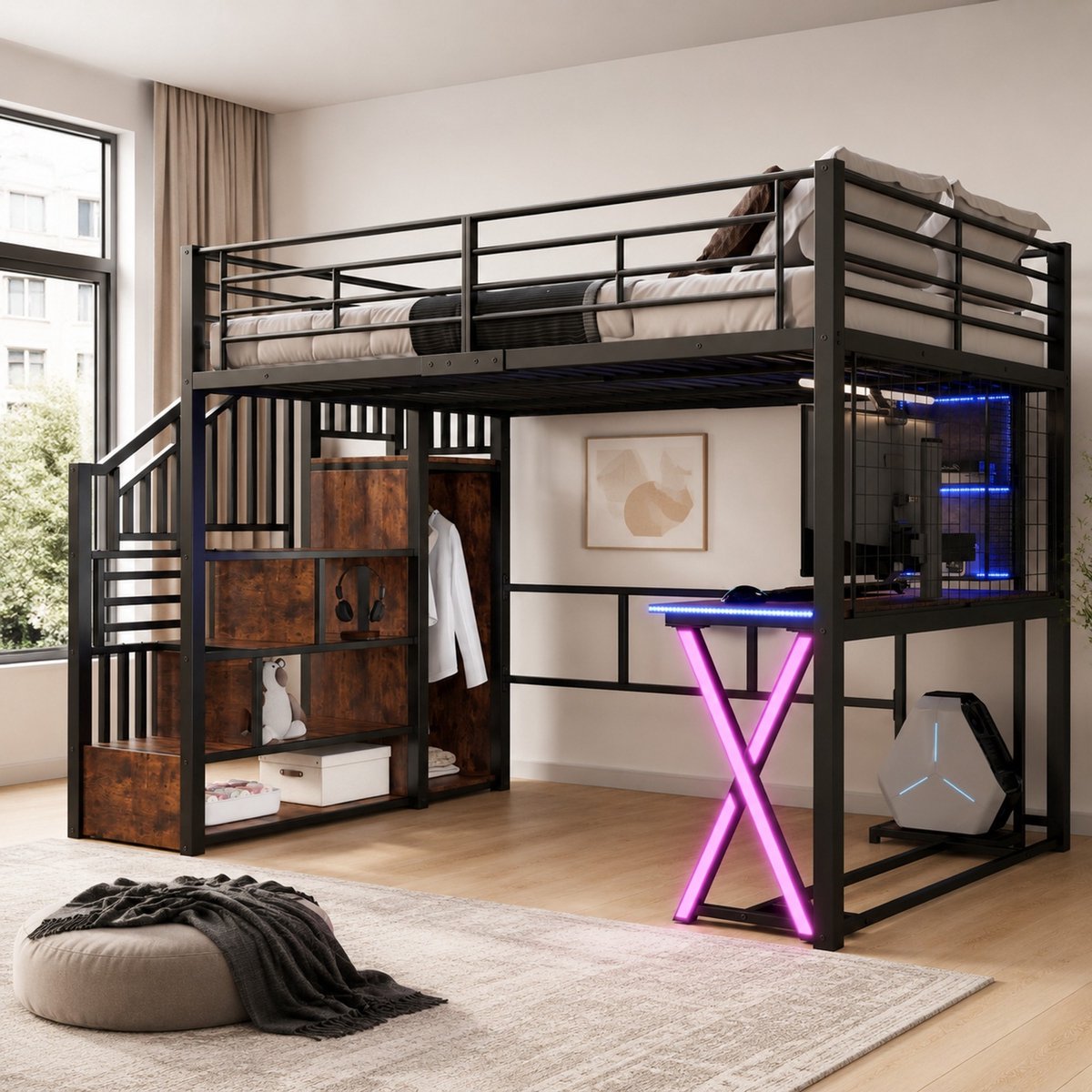 REDOM - Hoogslaper - Met LED-verlichting en bureau - Opbergladder met kledingkast en planken - Metaal en MDF - Zwart - 252,5 x 144,5 x 169 cm