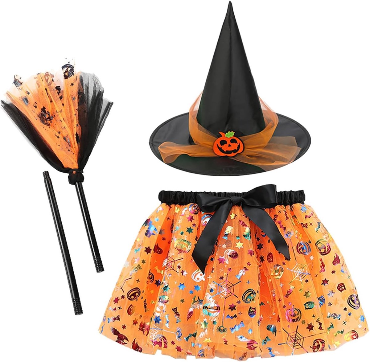 Halloween Kostuum voor Kinderen - Meisjes Tutu Kostuum met Heksenhoed en Bezem voor Feestjes en Verkleedpartijen
