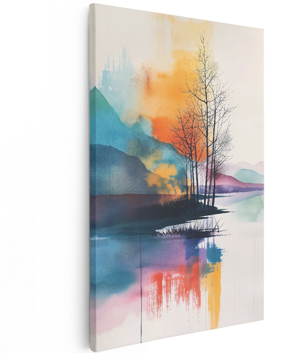 Artaza Canvas Schilderij Abstract Landschap - 120x180 cm - Groot - Wanddecoratie Aquarel Bomen - Muurdecoratie Meer - Decoratie Kleurrijk Bergen
