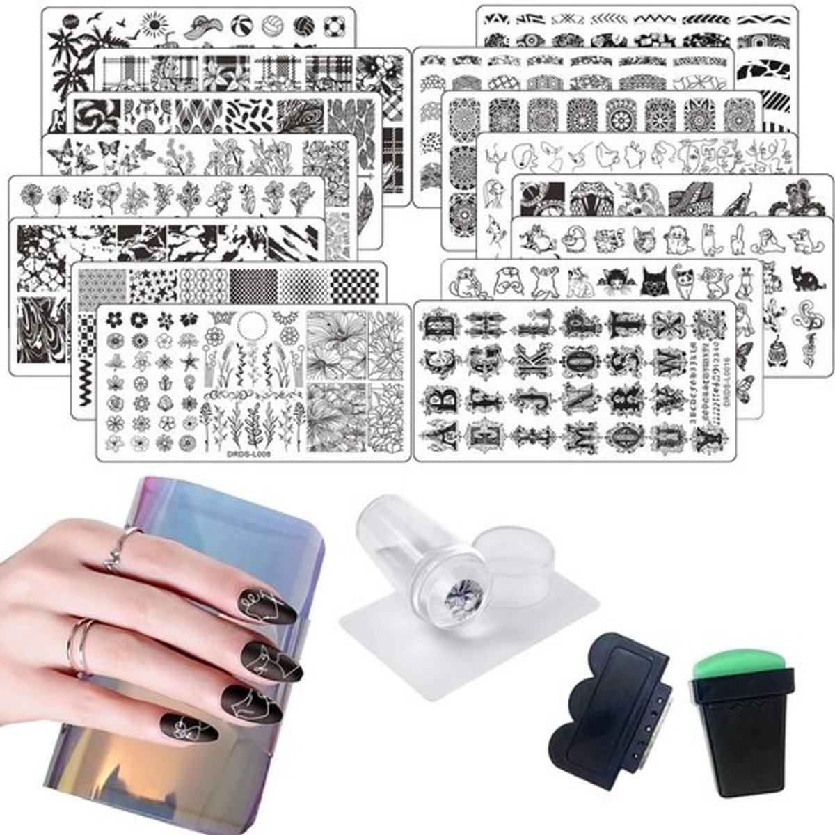 21-Delige Nagel Stempel Set met 16 Platen: Bloemen, Bladeren & Dieren Nail Art Templates
