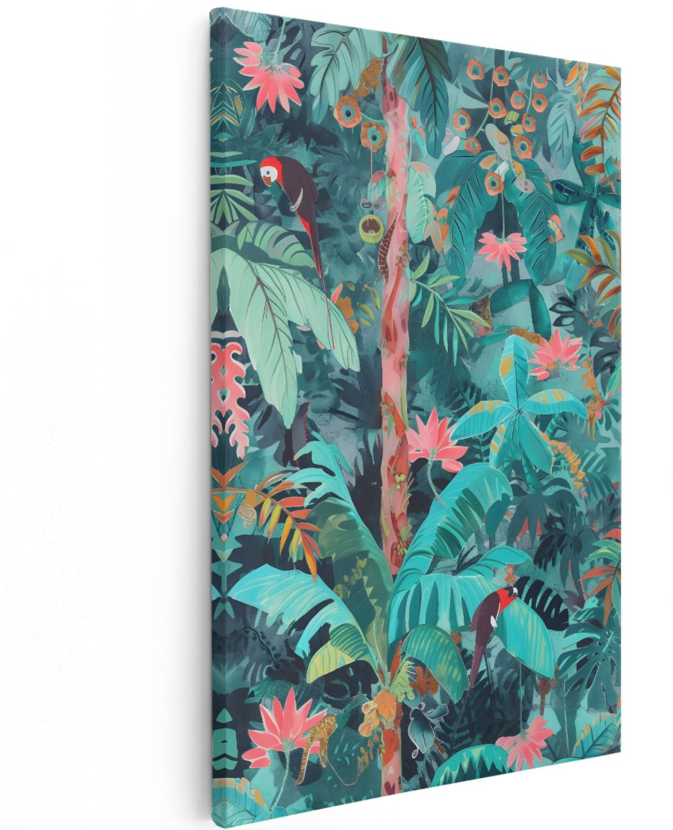 Artaza Canvas Schilderij Jungle - 120x180 cm - Groot - Wanddecoratie Tropische Bloemen - Muurdecoratie Papegaai - Botanisch Schilderijen Op Canvas