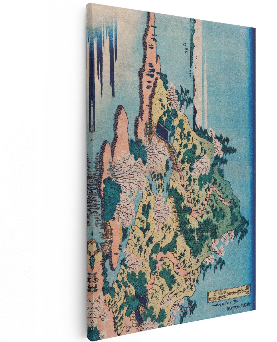 Artaza Canvas Schilderij Japans Landschap - 120x180 cm - Groot - Wanddecoratie Hokusai Ukiyo-E - Muurdecoratie Kersenbloesem - Schilderijen Waterval