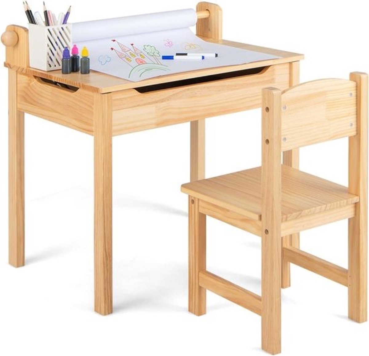 Kindertafel met stoel - Jeugdbureau kinderset - Leren en tekenen - Inklapbaar tafelblad - 60x40x58 cm - Natuur