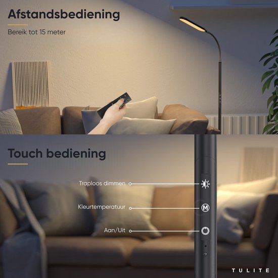 Afstandsbediening van de zwarte staande lamp en close-up van touch bediening op de stang.