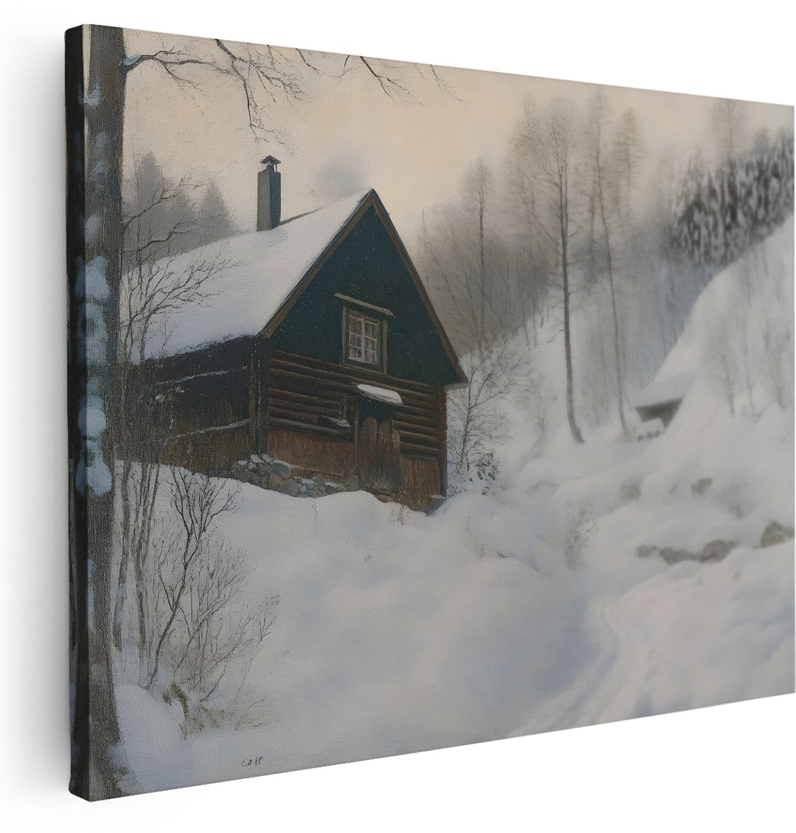 Artaza Canvas Schilderij Besneeuwd Boshuisje - 160x120 cm - Groot - Wanddecoratie Winter - Muurdecoratie Landschap - Kamer Accessoires Natuur