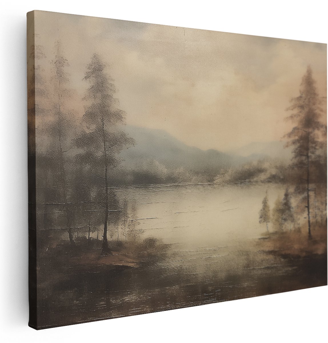 Artaza Canvas Schilderij Meer Met Bergen - 160x120 cm - Groot - Wanddecoratie Vintage - Muurdecoratie Natuur - Bomen Kamer Accessoires