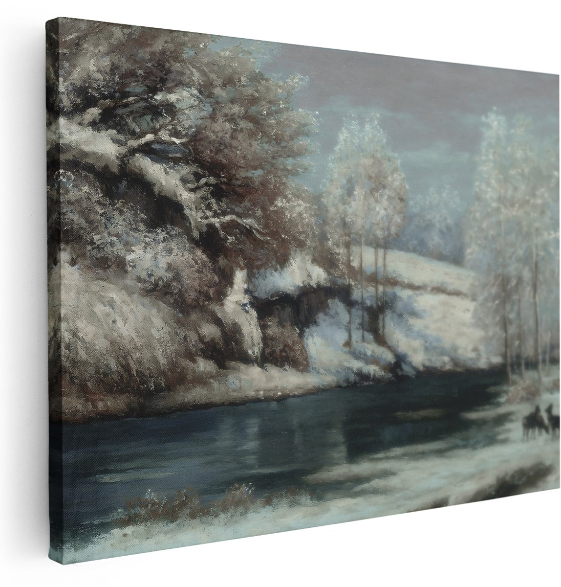 Artaza Canvas Schilderij Landschap Met Herten - 160x120 cm - Groot - Wanddecoratie Winter - Muurdecoratie Natuur - Schilderijen Op Canvas Bos