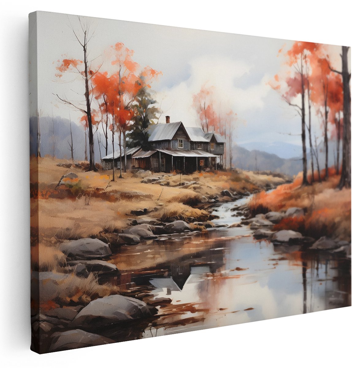 Artaza Canvas Schilderij Landschap Natuur - 160x120 cm - Groot - Wanddecoratie Rustieke Boerderij - Muurdecoratie Herfst Beekje - Kamer Accessoires Oranje