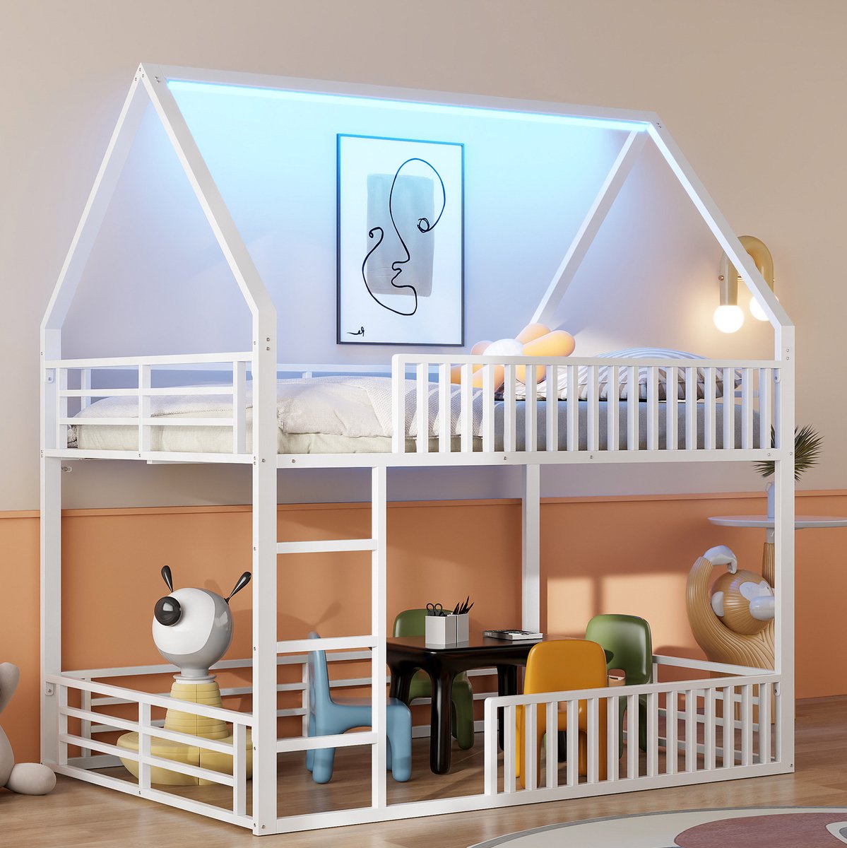 REDOM - Bedframe - Huisvormig stapelbed met uitvalbeveiliging - Met ladder en LED-verlichting - Kinderkamer - Metaal - Wit - 140 x 200 cm