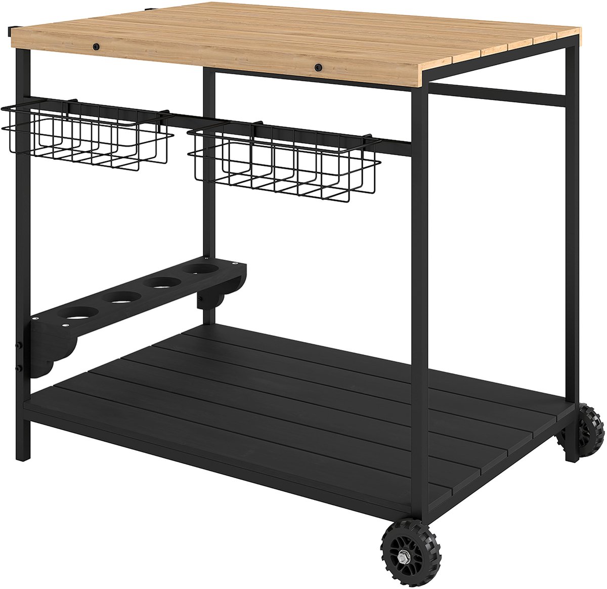 Tuintafel op wieltjes voor plancha-barbecue, van hout en metaal, met handgreep, 2 dienbladen, 2 manden en flessenhouder