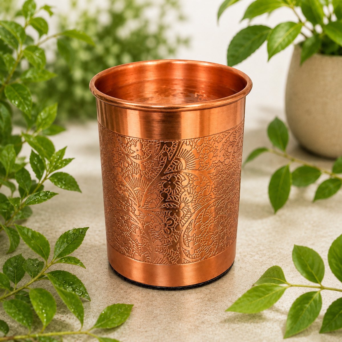 Puur koperen beker met bloempatroon – 300 ml/120 g (zware uitvoering)
