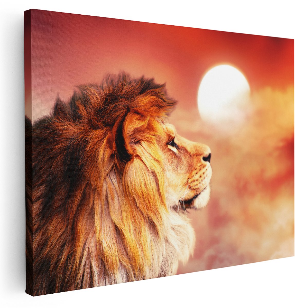 Artaza Canvas Schilderij Leeuw - Leeuwenkop - Tijdens Zonsopkomst - 160x120 cm - Groot - Wanddecoratie Woonkamer - Schilderijen - Muurdecoratie