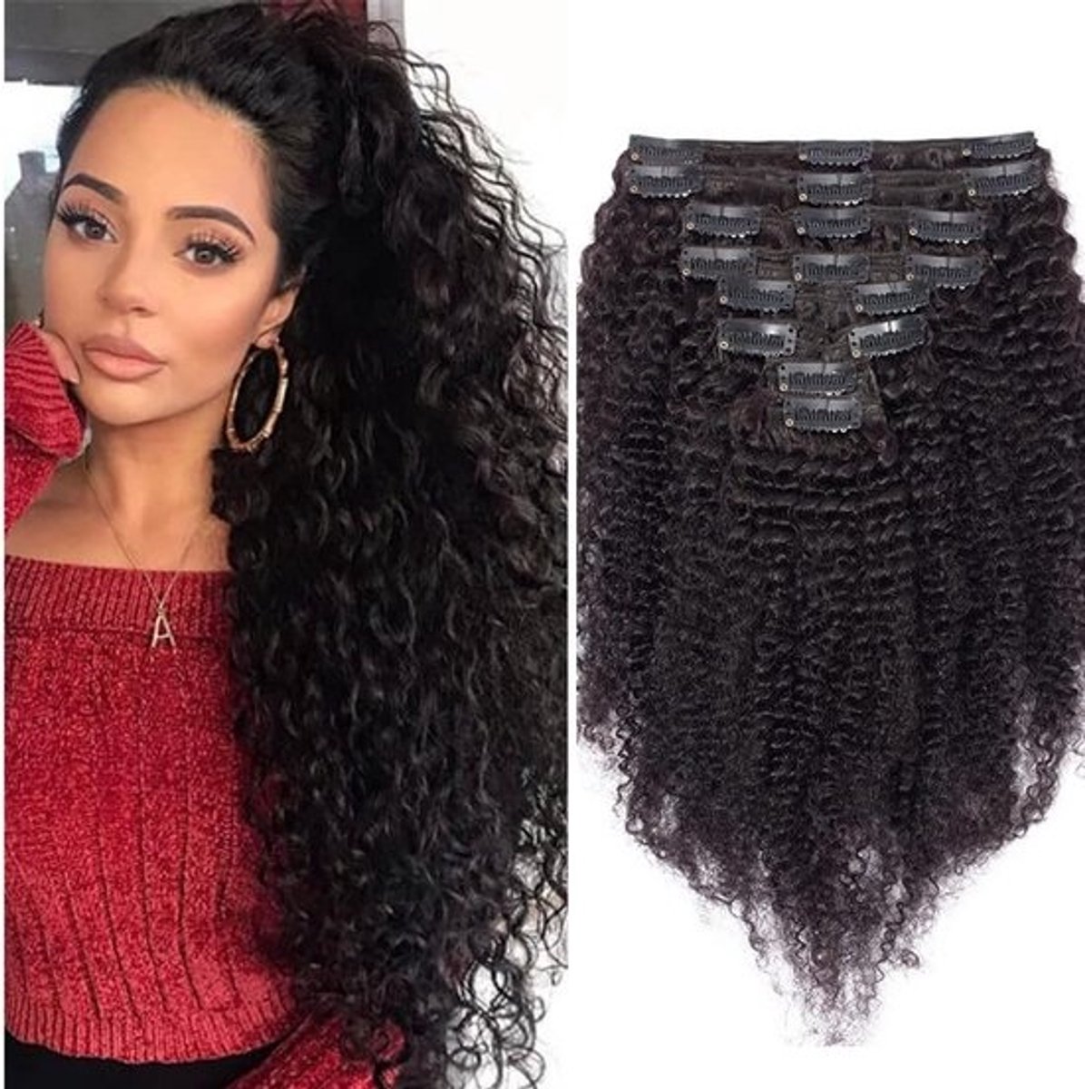 Clip-in Extensions Echt Haar Kinky Curly Afro Krul 8 Delen Menselijk Haar