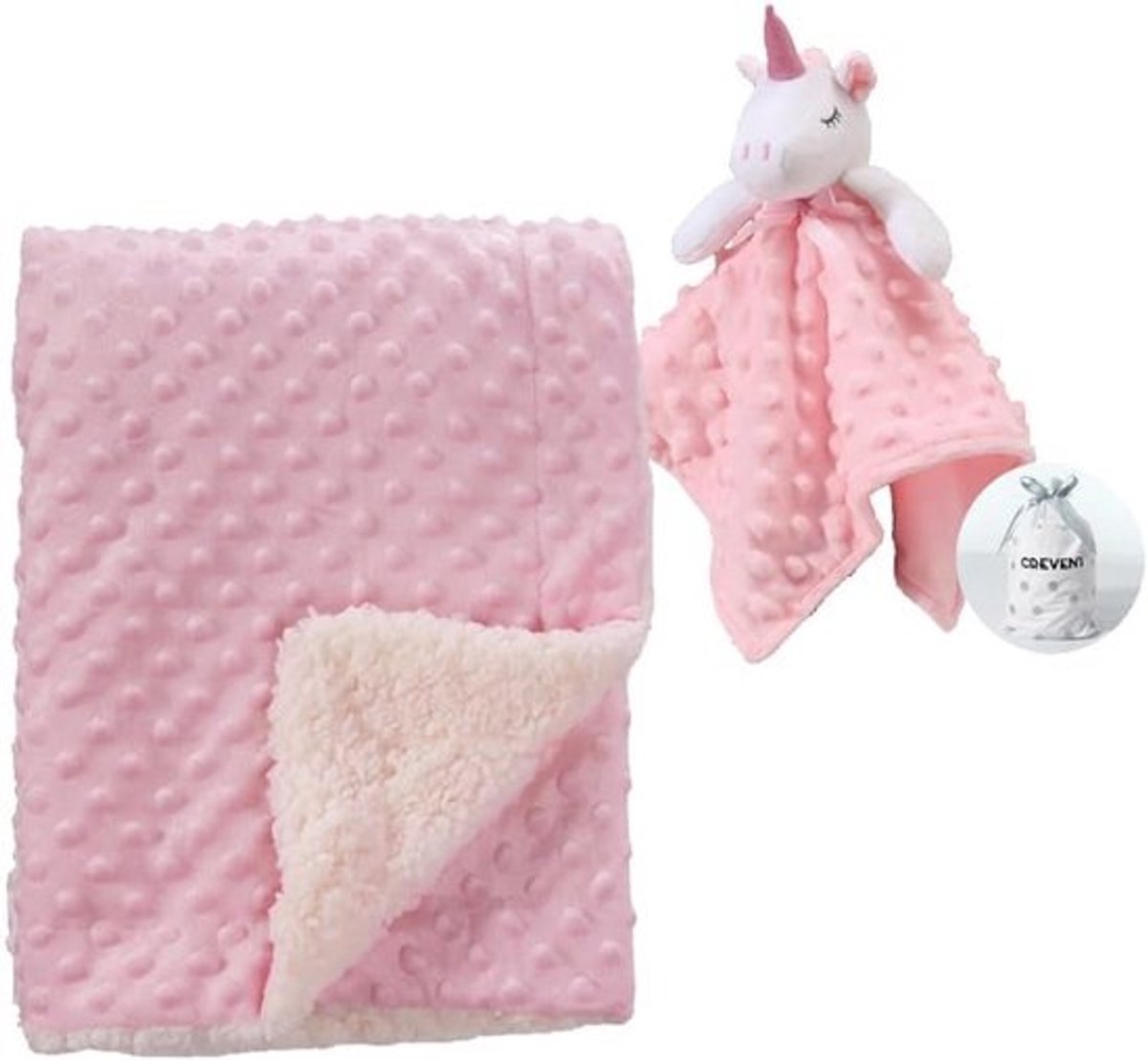 CREVENT Zachte gezellige babydekens voor jongens meisjes + veiligheidsdeken, set met een geschenkzakje pasgeboren essentials (roze)