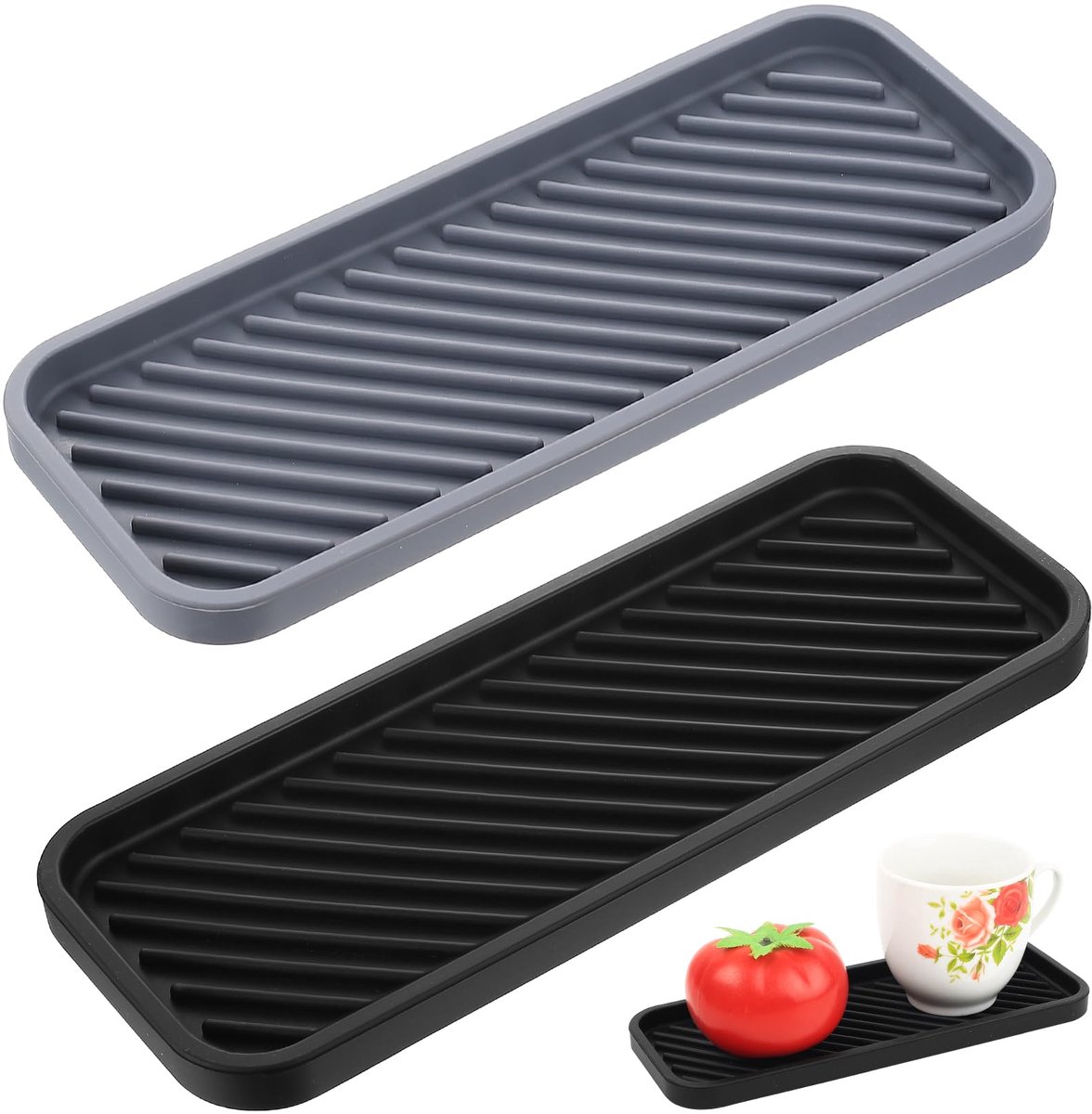 2 stuks Siliconen Afdruipmat - Antislip Organizer voor Sponzen, Borstels en Zeep - Smal voor de Spoelbak - Zwart 23 x 9 cm