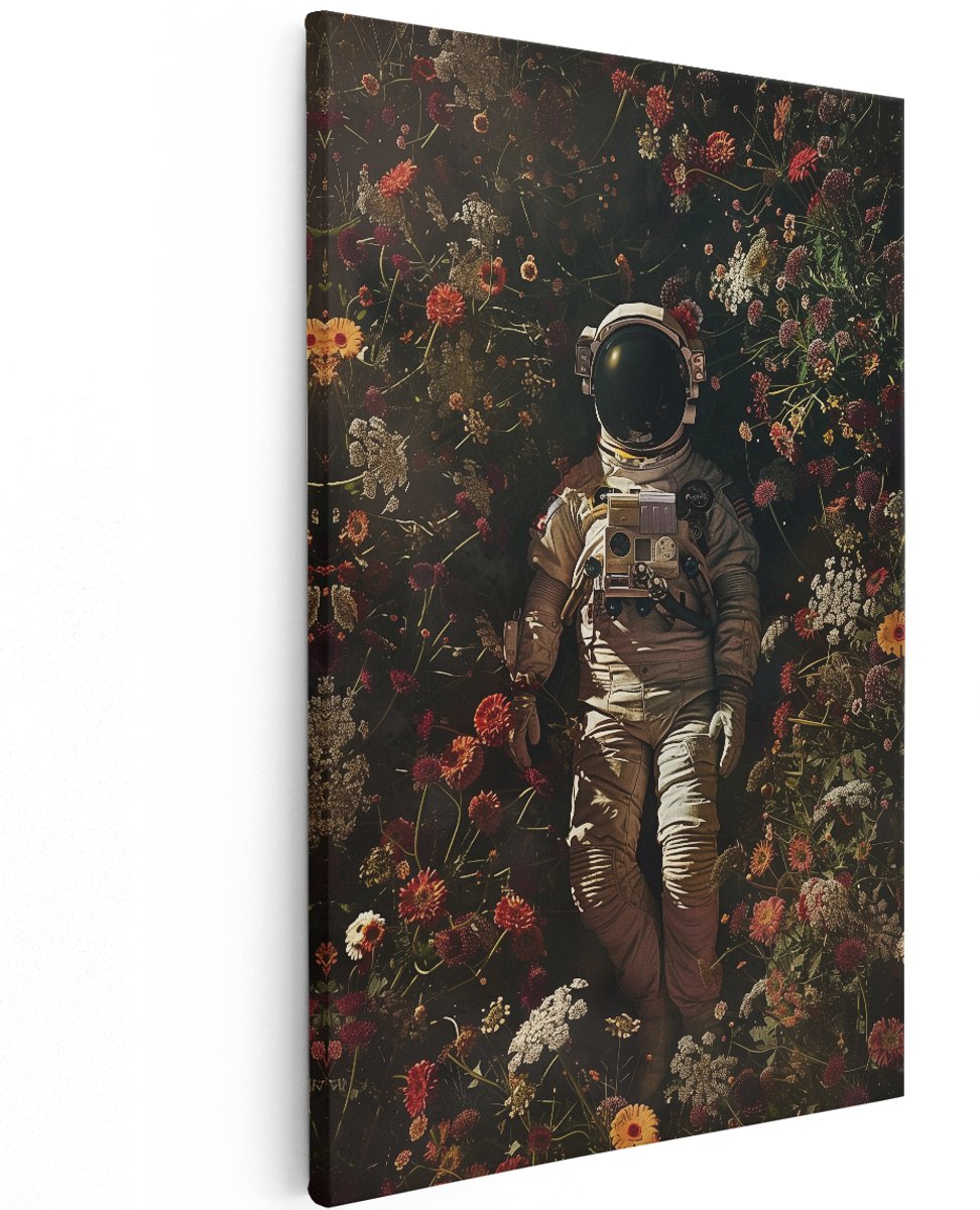 Artaza Canvas Schilderij Astronaut tussen Bloemen - Bloemen - 120x180 cm - Groot - Wanddecoratie Woonkamer - Schilderijen - Muurdecoratie