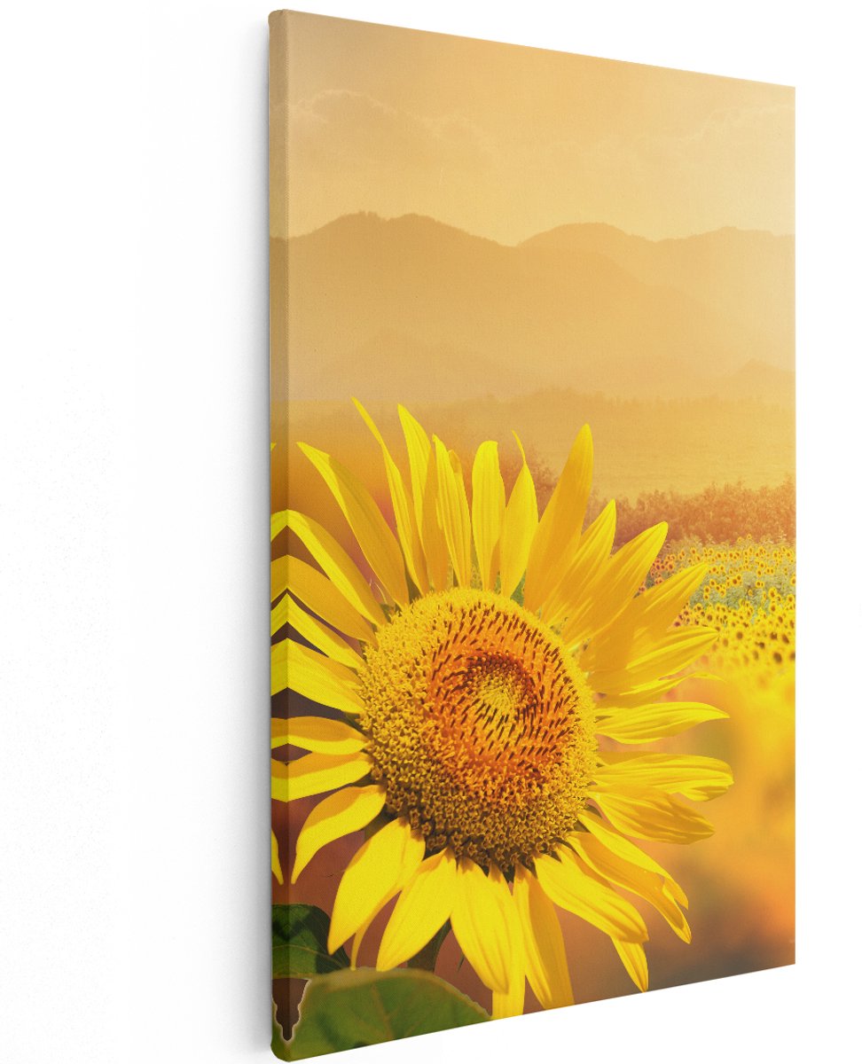 Artaza Canvas Schilderij Zonnebloemen Veld Met Zonopkomst - 120x180 cm - Groot - Wanddecoratie Woonkamer - Schilderijen - Muurdecoratie
