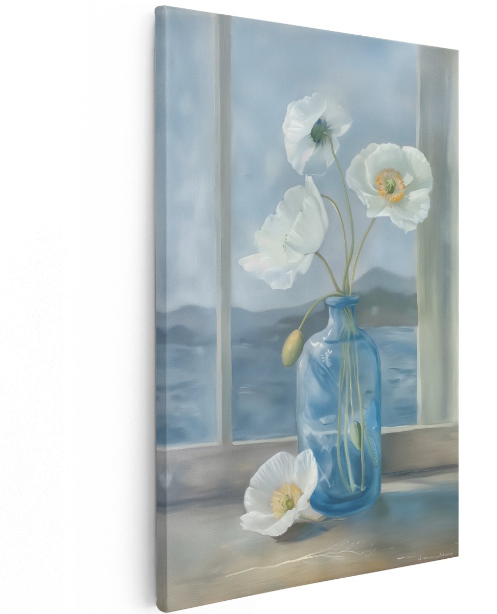 Artaza Canvas Schilderij Witte Bloemen in een Blauwe Vaas op een Vensterbank - 120x180 cm - Groot - Wanddecoratie Woonkamer - Schilderijen - Muurdecoratie