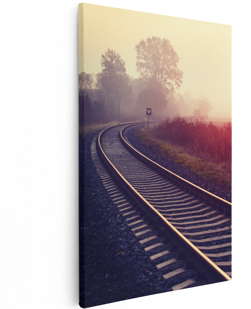 Artaza Canvas Schilderij Spoorweg Rails Tijdens De Herfst Met Mist - 120x180 cm - Groot - Wanddecoratie Woonkamer - Schilderijen - Muurdecoratie