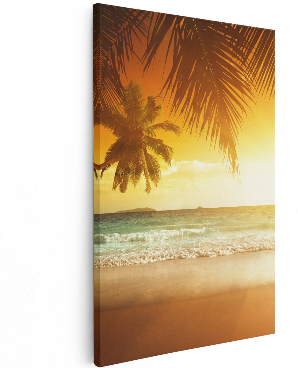 Artaza Canvas Schilderij Tropisch Strand Tijdens Zonsondergang - 120x180 cm - Groot - Wanddecoratie Woonkamer - Schilderijen - Muurdecoratie