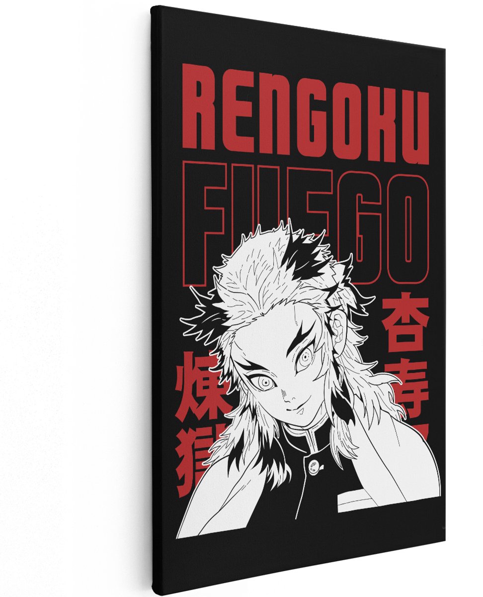 Artaza Canvas Schilderij Rengoku - 120x180 cm - Groot - Wanddecoratie Demon Slayer - Muurdecoratie Anime - Schilderijen Op Canvas Zwart Wit