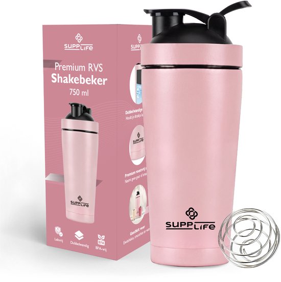 Roze Supplife shakebeker van 750 ml met stalen mixbal, afgebeeld naast de bijbehorende verpakking.
