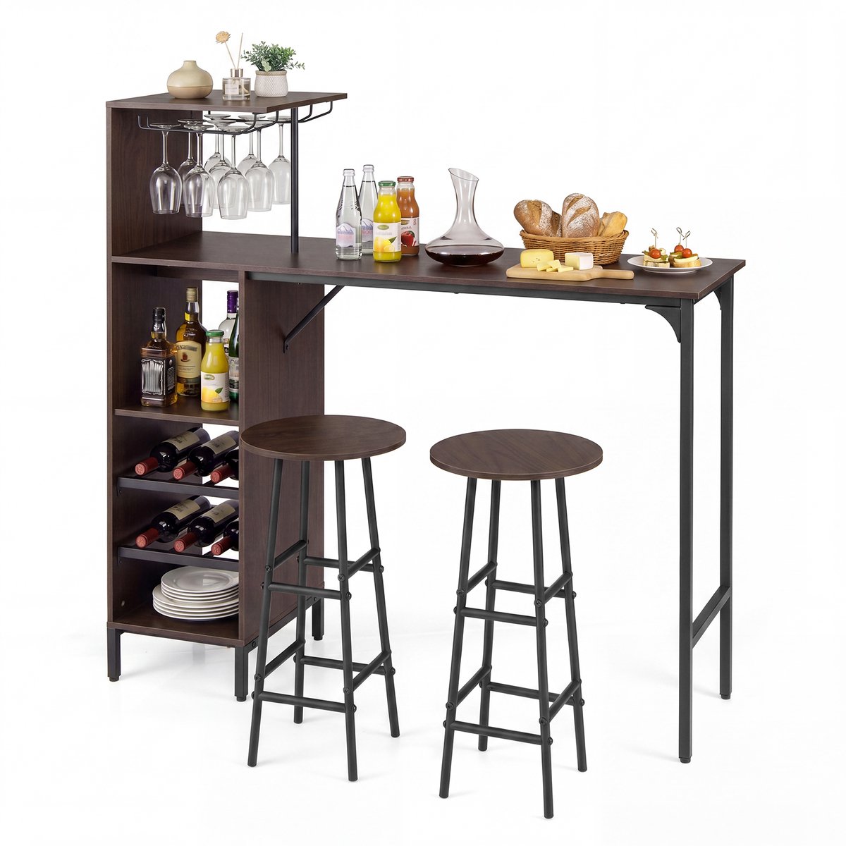 SureDeal® - Eettafel - Bartafel - Krukken Pubtafel - Kruk - Wijnrek - Flessen - Stoelen Bistrotafel - Woonkamer - 120x40x121,5 cm - Bruin