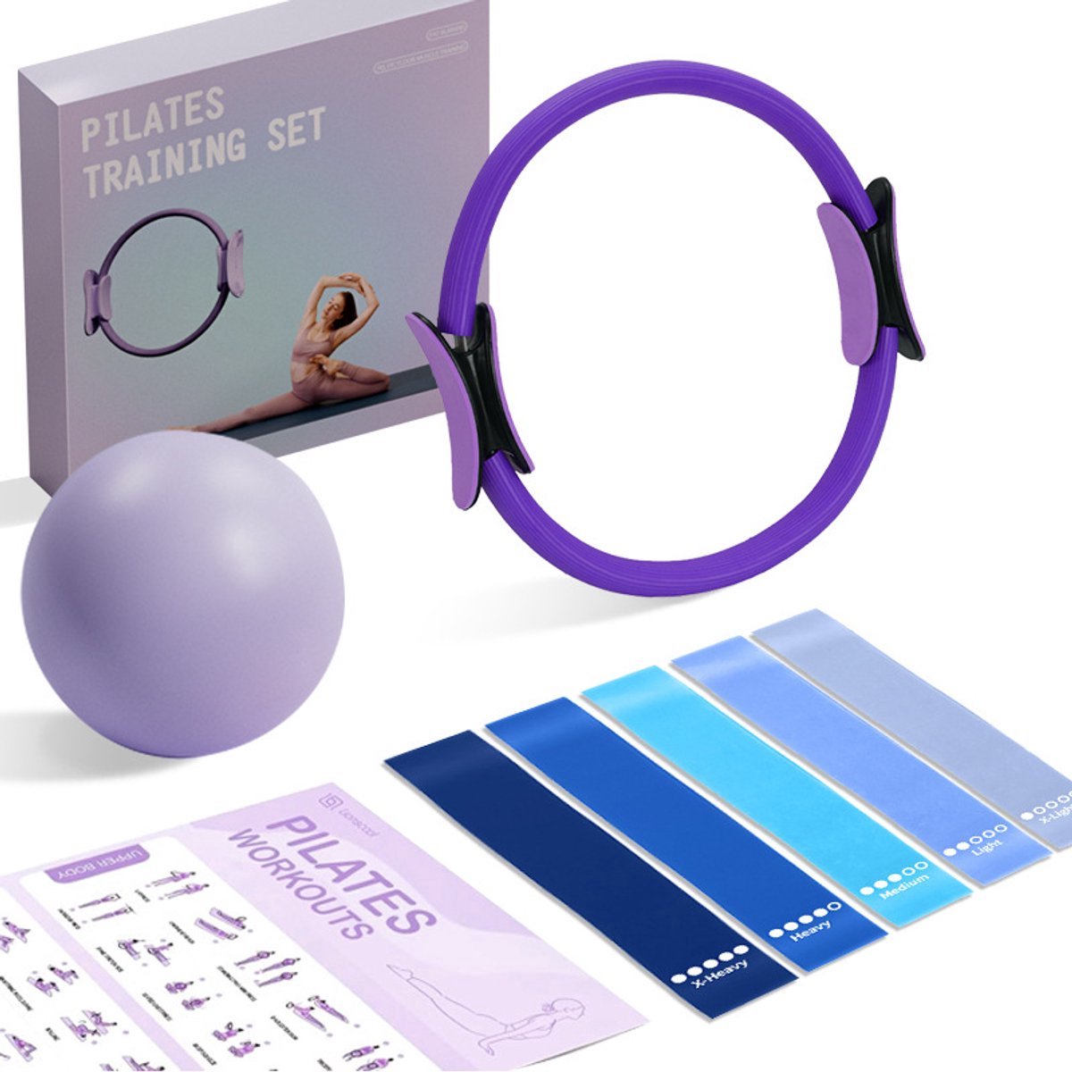 casalora-Pilates Ring - Weerstandsbanden - Pilates bal - Ideaal voor fitness en flexibiliteitsoefeningen - Complete Lichaamsverstevigingsset - 7 Delig Pilaseset voor complete training - inclusief 35cm Ring, Oefenband,Bal - paars