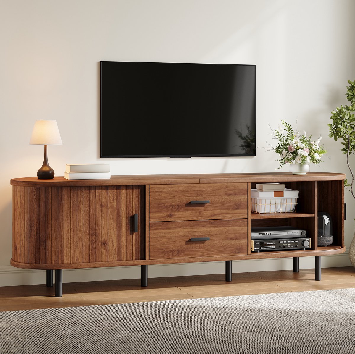DESMIU Dressoir - Tv Meubel Met Schuifdeuren En 2 Lades - Voor Woonkamer - Hout En Metaal - 150x40x55 Cm - Walnootkleur