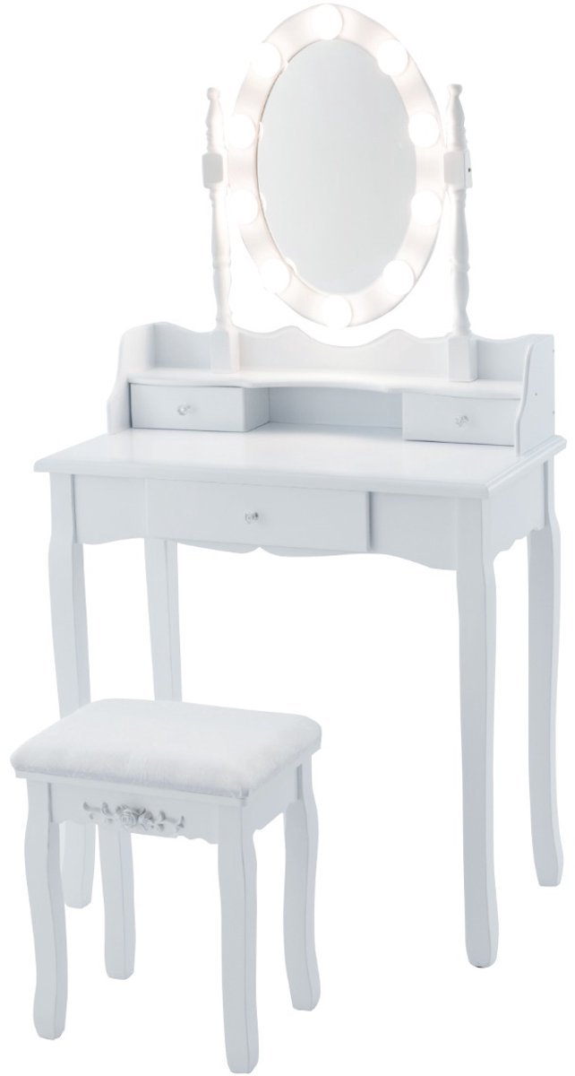 SureDeal® - Kaptafel - Make Uptafel - Ledverlichting Instelbare Helderheid - Laden Kruk - Draaibare Spiegel Make - 75x40x143,5 cm - Wit