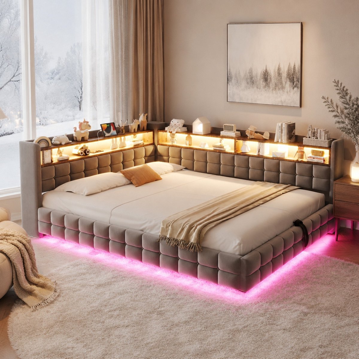 MODENUIT Slaapbank 140 x 200 cm - Met Opbergruimte, LED-Verlichting, USB-C, Stopcontact - Velours Lichtgrijs