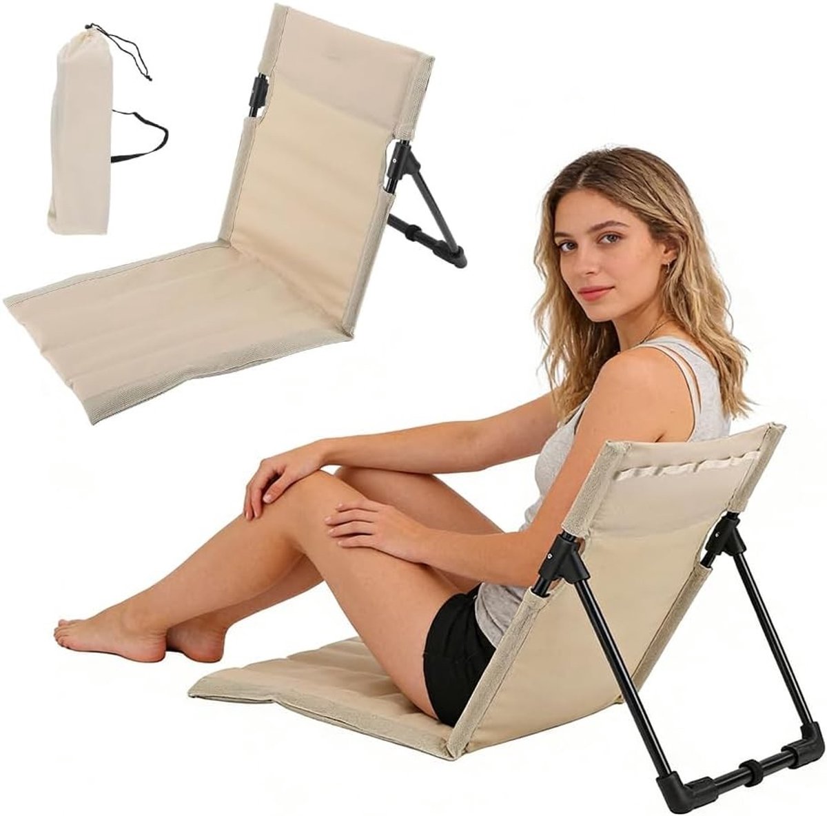 Comfortabele Strandstoel met Rugleuning, Opvouwbare Zithouding, Ideaal voor Picknicken, Kamperen en Vissen, Draagbare Stoel met Kussen