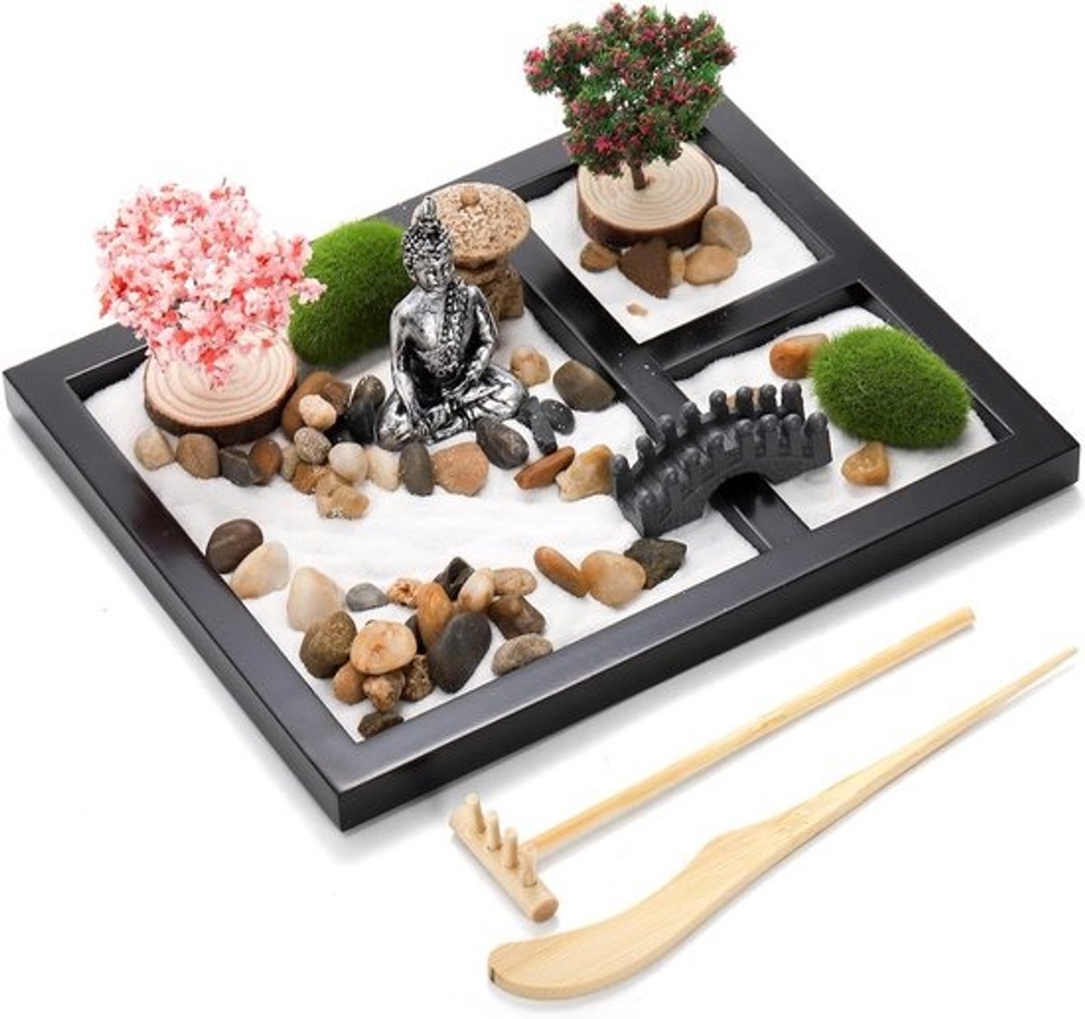 Mini Zen Tuin - Desktop Zandbak - Meditatie Rust - Handgemaakte Elementen - 20 x 19 cm - Natuurlijke Tinten