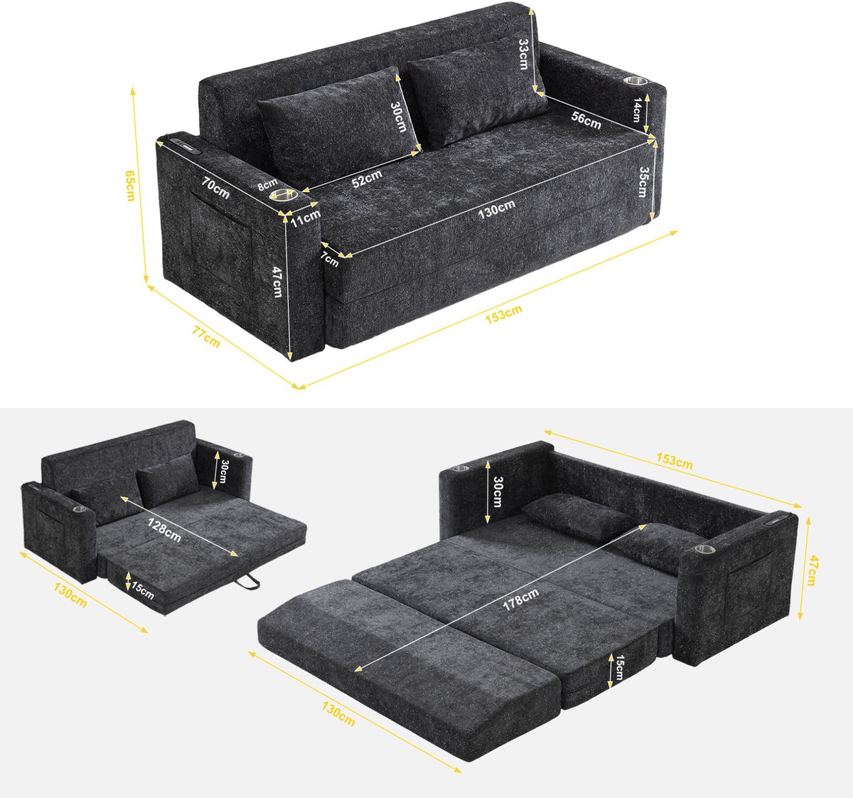 MODENUIT Slaapbank 2-zits - 2-in-1 Klapbaar Met USB - Voor Woonkamer En Appartement - Chenille - Zwart/Grijs