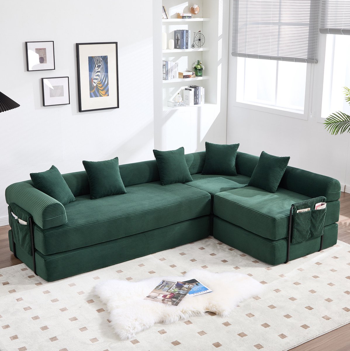 MODENUIT Hoekbank 270 cm - Modulair Met Opbergtas En Slaapfunctie - Voor Woonkamer - Stof - Emerald