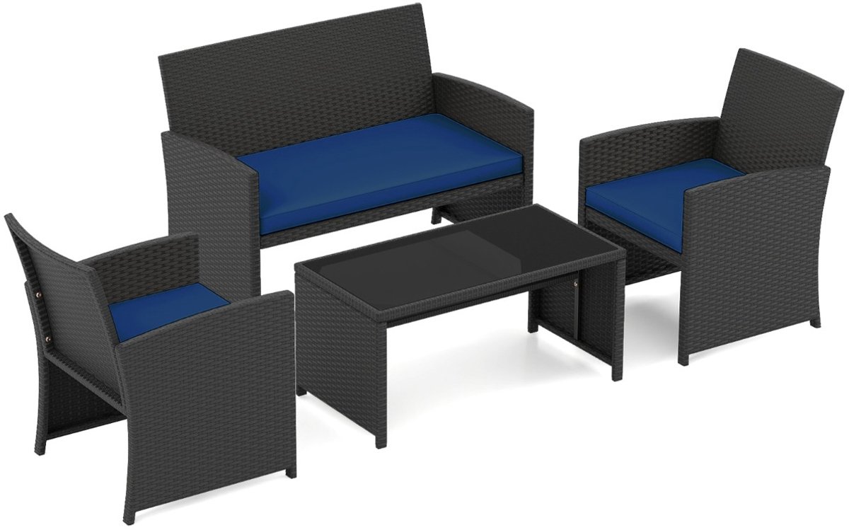 SureDeal® - Tuinset - Delige Rotan Zitsbank - Fauteuils - Salontafel Gehard Glas - Kussens - 58,5x63,5x78,5 cm - Naturel