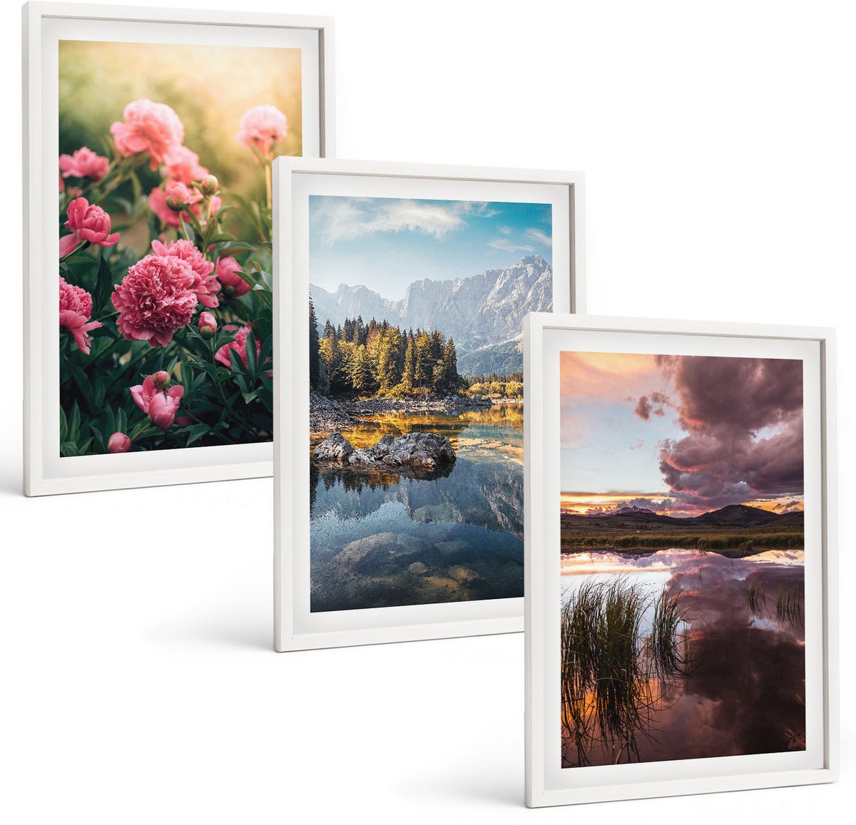 Wallfluent 3-Delige Schilderij Set - Bloemen In De Tuin, Bergen En Een Kalm Wateroppervlak. - 40 x 60 - Wanddecoratie - Muurdecoratie - Woonkamer - Interieur Decoratie