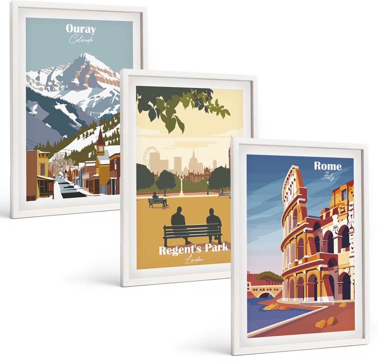 Wallfluent 3-Delige Schilderij Set - Bergen In Ouray Park In Londen, Colosseum In Rome - 40 x 60 - Moderne Wanddecoratie - Woonkamer - Stijlvolle Muurdecoratie