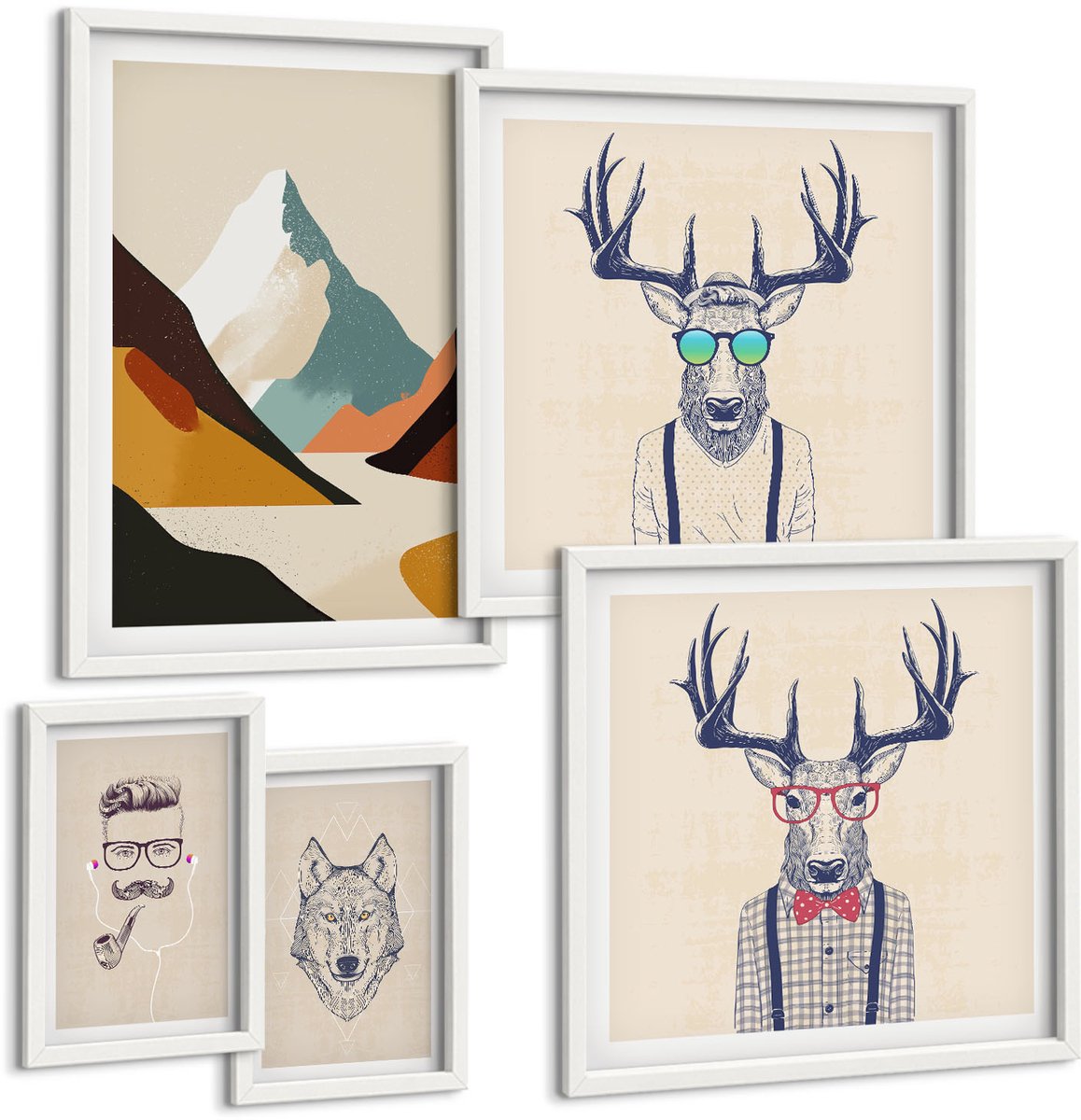 Wallfluent 5-Delige Schilderij Set - Stijlvolle Dierenportretten Met Een Berglandschap Als Achtergrond. - 50 x 50 cm, 20 x 30 cm En 40 x 60 cm - Stijlvolle Muurdecoratie - Slaapkamer - Interieur Decoratie