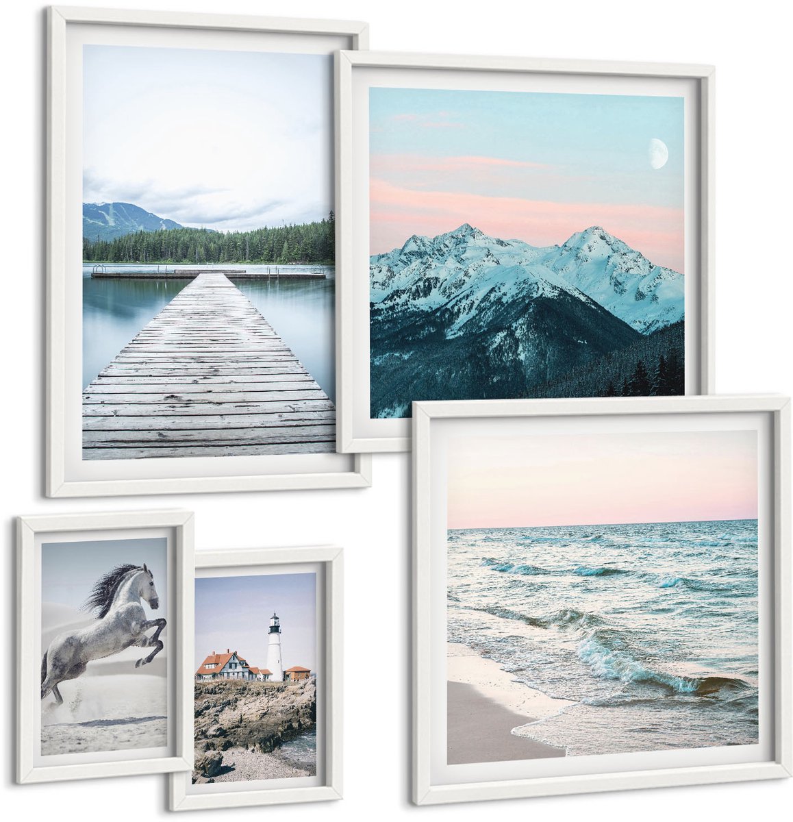 Wallfluent 5-Delige Schilderij Set - Natuur En Landschap In Een Harmonieus Geheel Van Decoraties - 50 x 50 cm, 20 x 30 cm En 40 x 60 cm - Moderne Wanddecoratie - Slaapkamer - Interieur Decoratie