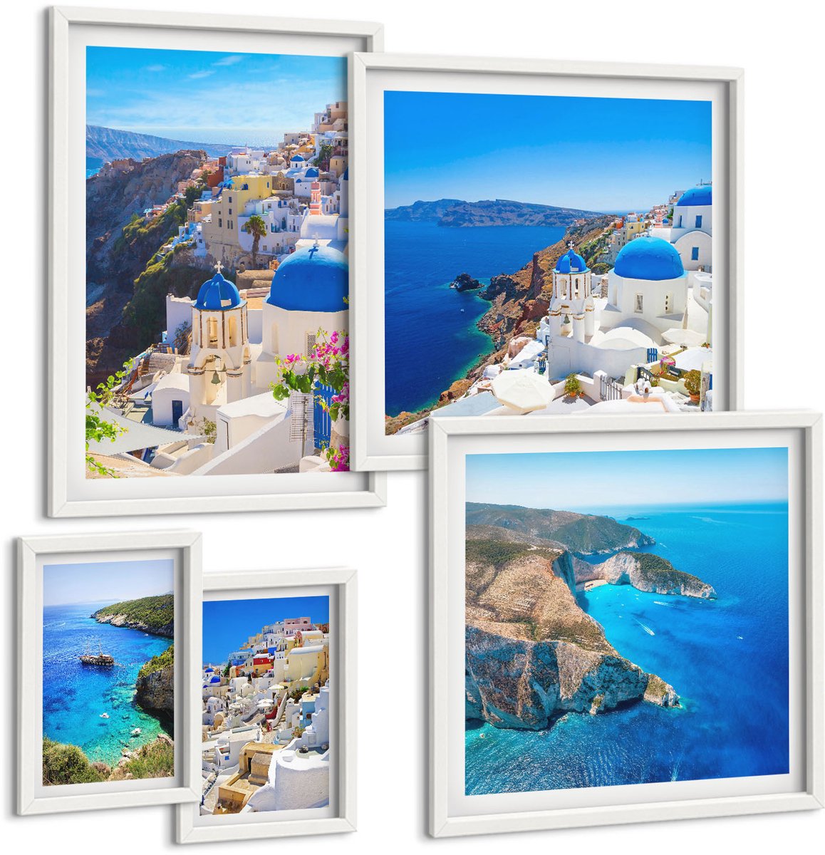 Wallfluent 5-Delige Schilderij Set - Uitzichten Op De Griekse Eilanden Met Blauwe Koepels - 50 x 50 cm, 20 x 30 cm En 40 x 60 cm - Wanddecoratie - Woonkamer Decoratie - Decoratieve Schilderijen