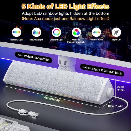 LED Soundbar - PC Speaker - Muziek Luisteren - 3 Audio Ingangen - USB-C Powered - Wit — afbeelding 2