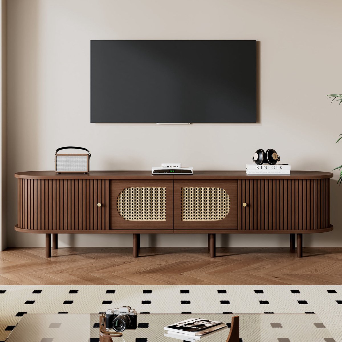 REDOM TV meubel - Ronde hoeken - 2 schuifdeuren en 2 kastdeuren - 8 steunpoten - Retro vintage stijl - Woonkamer - MDF en rotan - Donker eiken - 180 x 40 x 40 cm donker walnoot