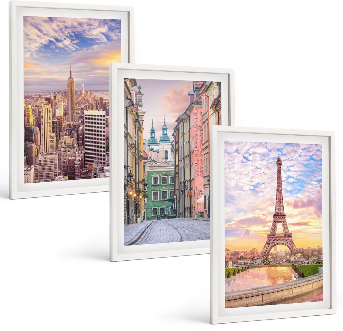 Wallfluent 3-Delige Schilderij Set - Uitzicht Op De Steden New York, Parijs En Warschau Bij Zonsondergang. - 40 x 60 - Muurdecoratie - Wanddecoratie - Hal