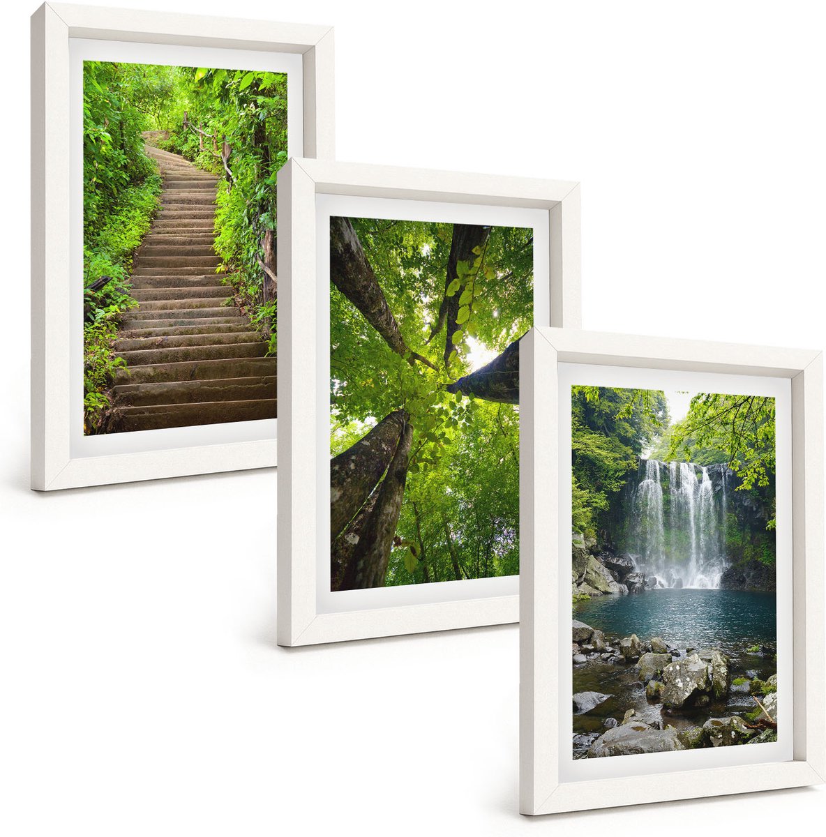 Wallfluent 3-Delige Schilderij Set - Bospad Met Waterval En Groene Vegetatie - 20 x 30 - Moderne Wanddecoratie - Woonkamer