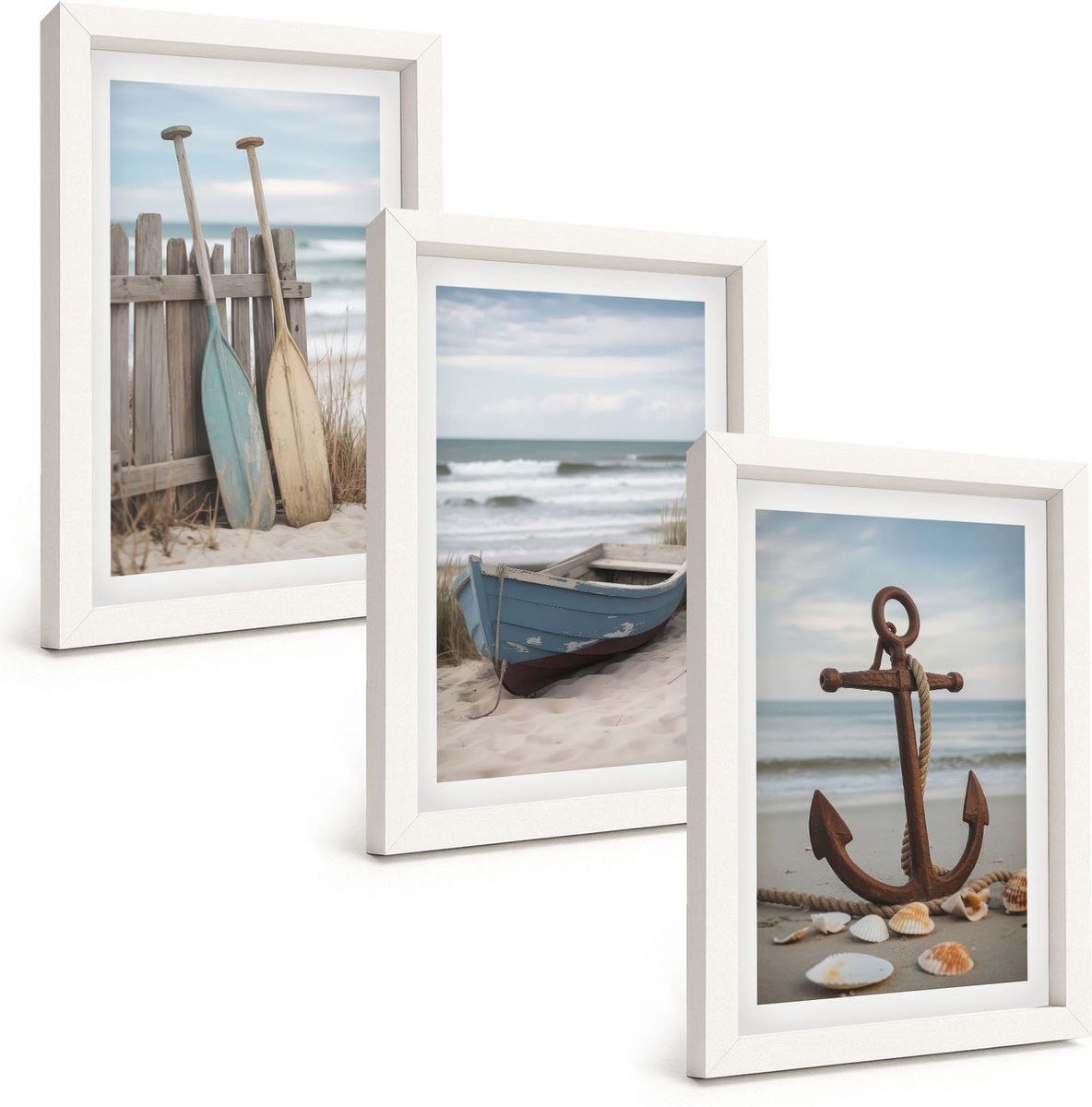 Wallfluent 3-Delige Schilderij Set - Strand Met Een Roeiboot En Een Anker Op Het Zand - 20 x 30 - Muurdecoratie - Wanddecoratie - Hal - Interieur Decoratie