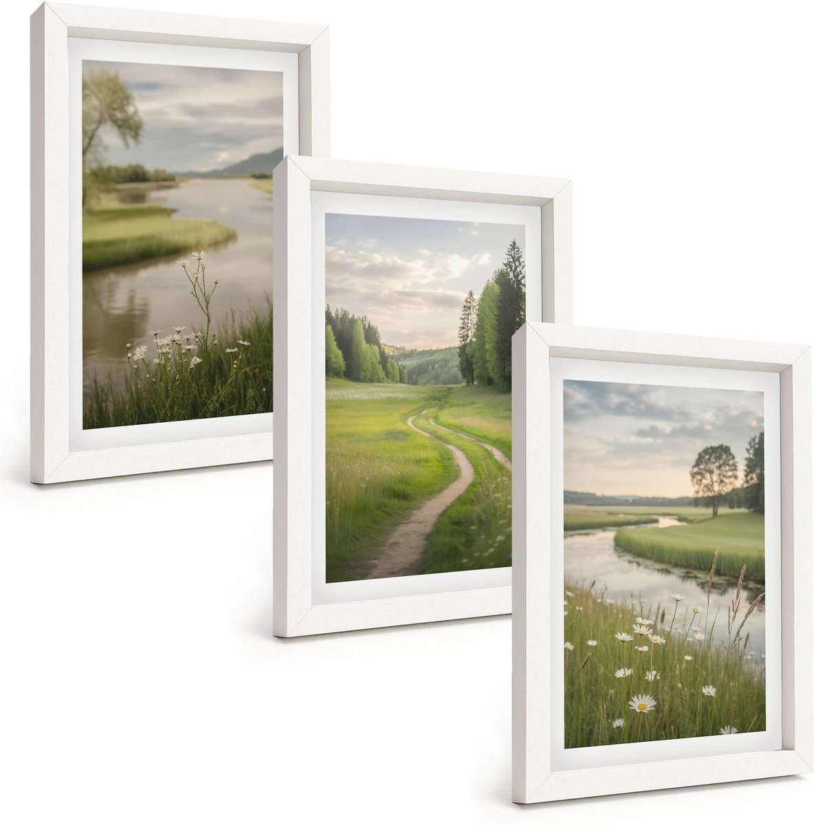 Wallfluent 3-Delige Schilderij Set - Vreedzame Zomerlandschappen Met Een Rivier En Een Bloemenweide - 20 x 30 - Decoratieve Schilderijen - Woonkamer - Interieur - Wanddecoratie