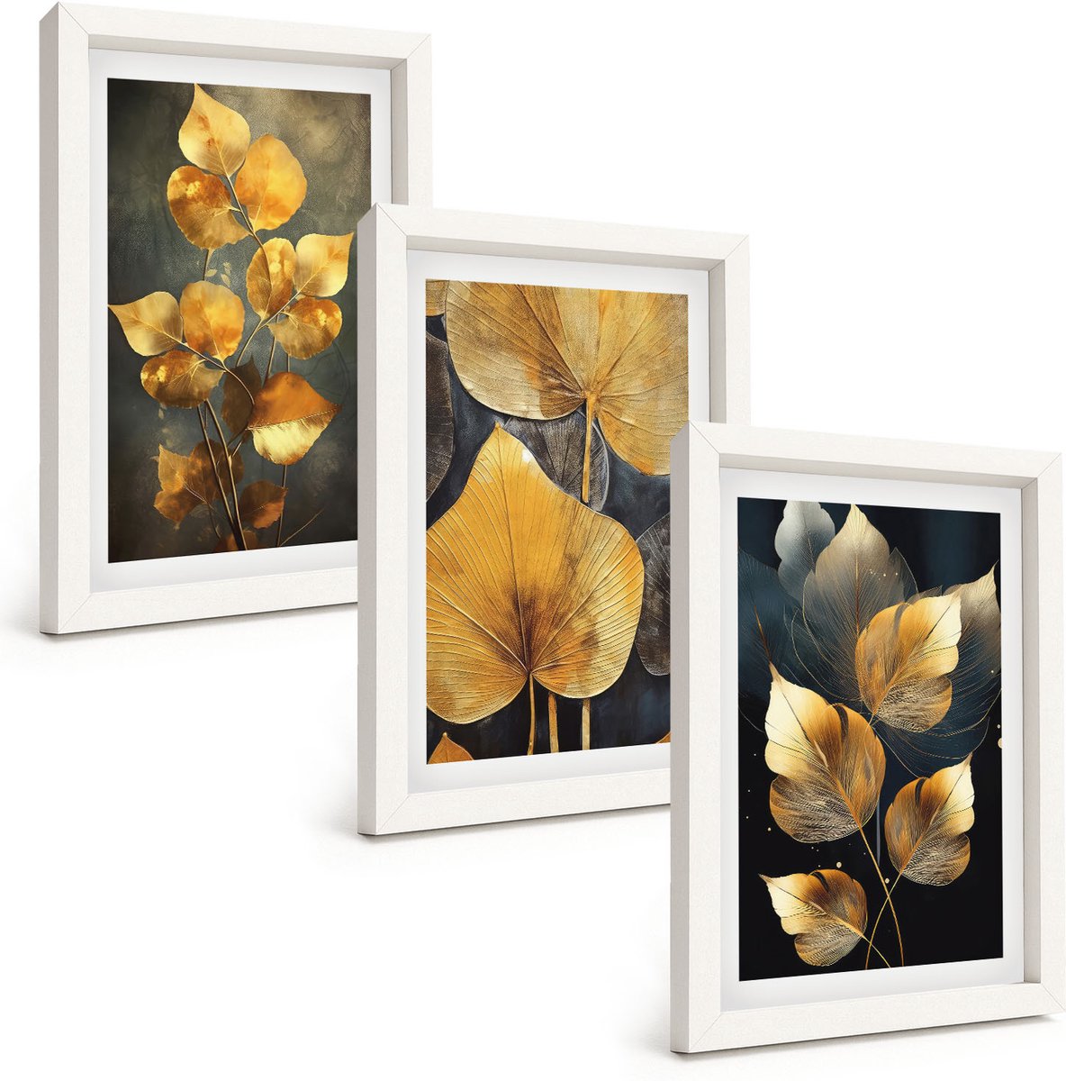 Wallfluent 3-Delige Schilderij Set - Bladeren In Verschillende Tinten Geel Op Een Donkere Achtergrond - 20 x 30 - Moderne Wanddecoratie - Woonkamer